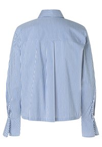 Gestreifte Bluse mit Kragen, die blau-weiße vertikale Streifen aufweist, langärmlig mit Schleifendetails und lockerer Passform.