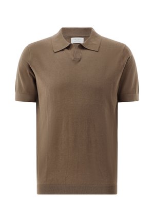 Brown short-sleeve knitted polo shirt with ribbed collar, cuffs, and hem, featuring a subtle V-notch below the collar.