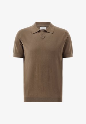 Braunes, kurzärmeliges, gestricktes Polohemd mit geripptem Kragen, Bündchen und Saum, mit einem dezenten V-Ausschnitt unter dem Kragen.