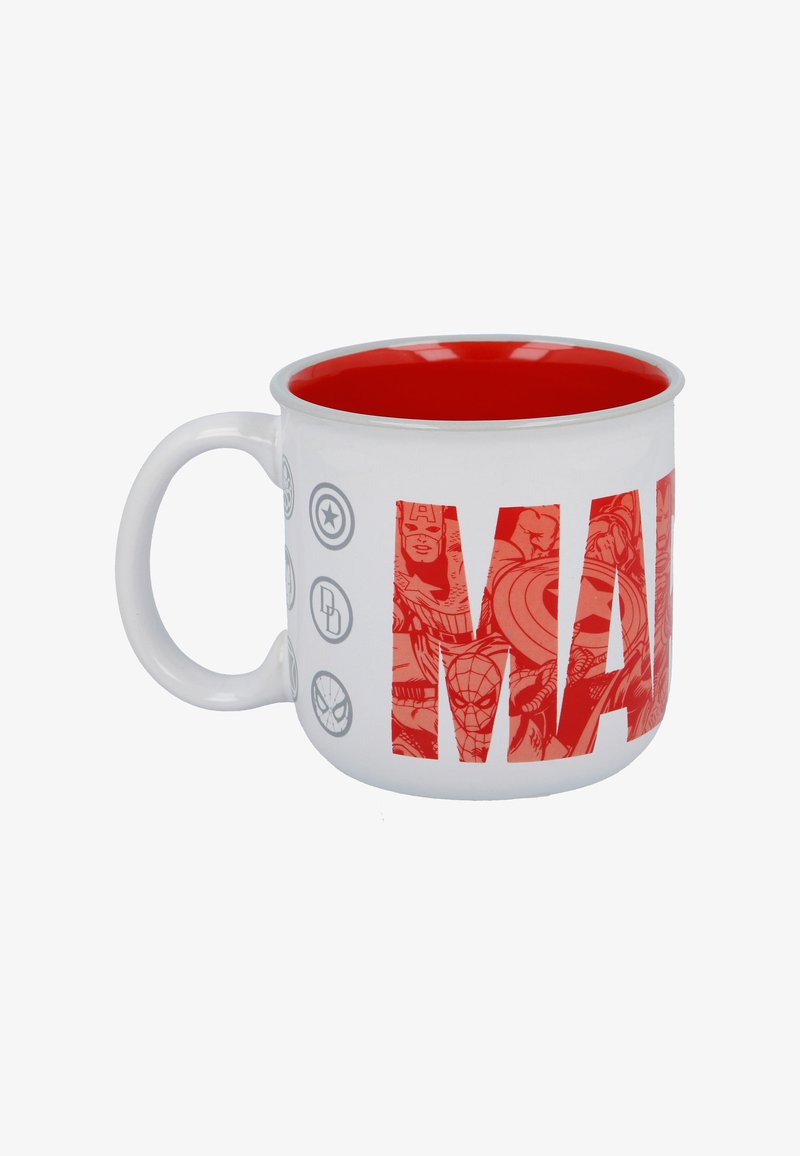 White ceramic mug with a red interior, featuring large "MARVEL" text design in red and various superhero icons in gray on the exterior.