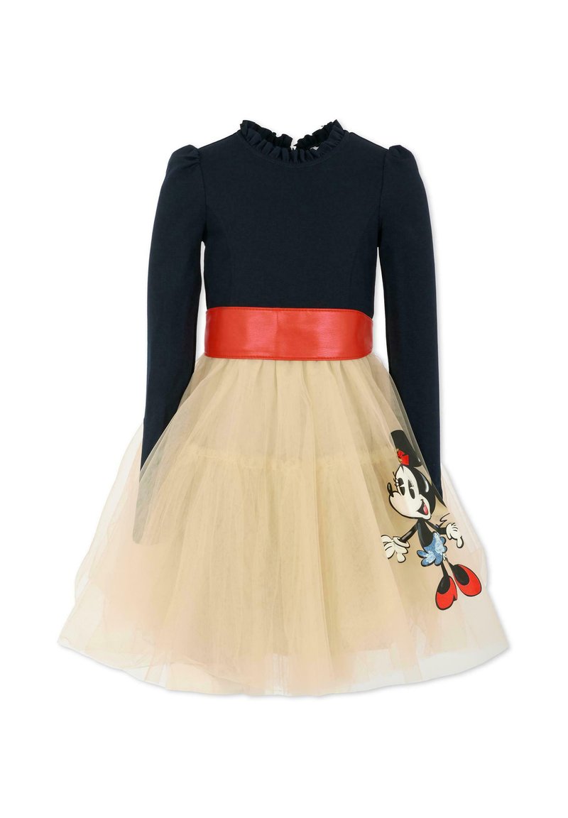 Langärmliges schwarzes Kleid mit Rüschendetail am Kragen, rotem Taillengürtel, beigem Tüllrock und Minnie Mouse Grafik an der Seite des Rocks.