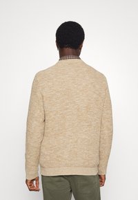 Cardigan lavorato a maglia beige con motivi testurizzati, dettagli sul colletto e polsini a costine. Vestibilità aderente, tessuto leggero e design della schiena semplice.