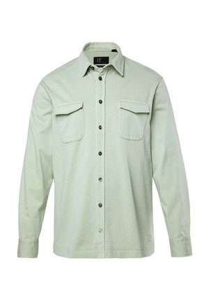 Lys grøn langærmet skjorte med knapfront, to brystlommer og sorte knapper. Fremstillet af tekstureret stof, med foldet krave og manchetter.