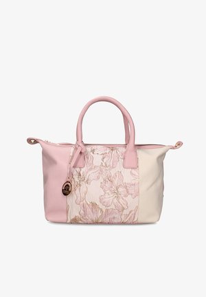 Borsa rosa e beige con ricami floreali in toni dorati e rosa, doppi manici e un ciondolo rotondo brandizzato appeso a un manico.