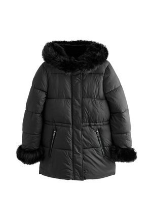 Sort polstret vinterfrakke med lynlåslommer, faux fur kant på hætte og ærmer, frontknap- og lynlåslukning.