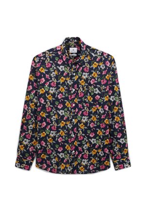 Chemise à manches longues boutonnée avec fond sombre et motif floral coloré en jaune, rose, blanc et vert, présentée à plat sur fond blanc.
