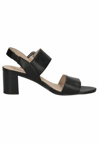 Juodos odinės blokinės kulno šlepetės su slingback dizainu, turinčios plačias juostas ir atvirą pirštą. Lygi tekstūra ir minimalistinis stilius.