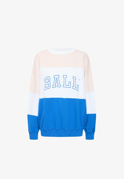 Felpa a blocchi di colore blu e crema con orlo e polsini elasticizzati, con la scritta "BALL" stampata in blu sul davanti.