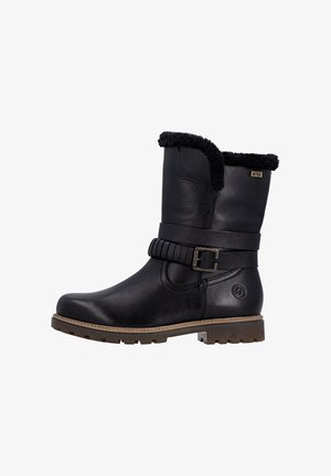 Schwarzer Leder-Stiefel bis zum Knöchel mit Kunstfellbesatz, Schnallendetail und strukturiertem Profil. Verfügt über eine abgerundete Spitze, glatte Oberfläche und dekorativen Riemen.