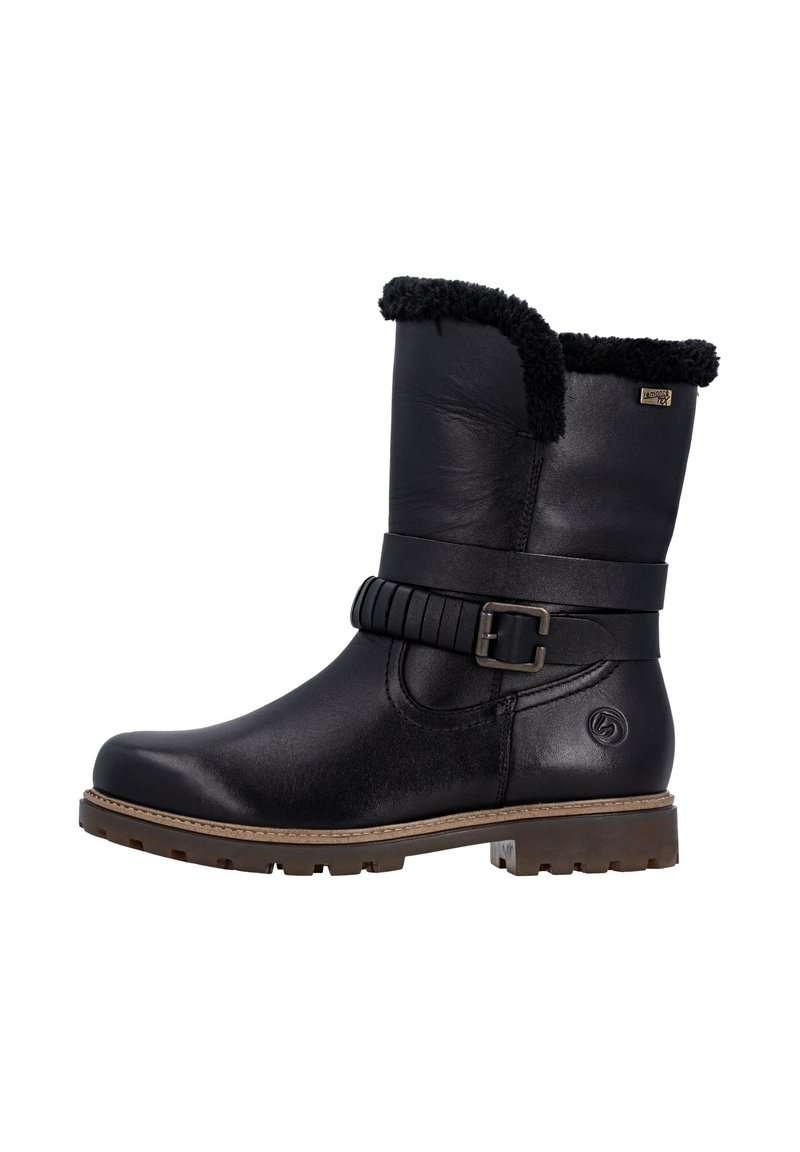 Black leather ankle boot with faux fur trim, buckle detail, and textured sole. Features a rounded toe, smooth surface, and decorative strap.