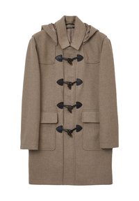 Cappotto di lana marrone con cappuccio, dotato di chiusure a toggle, quattro tasche frontali e una finitura testurizzata. Design classico con taglio dritto.