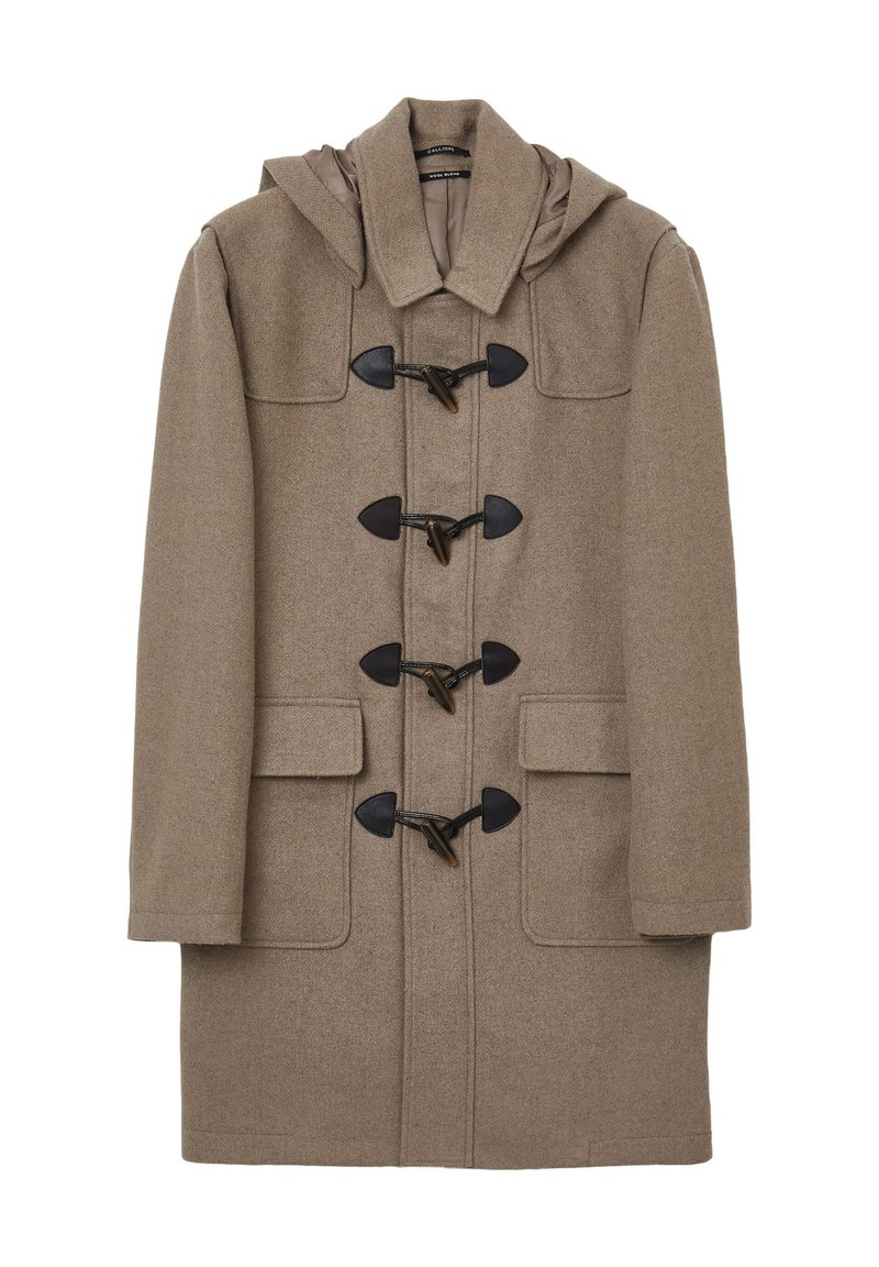 Cappotto di lana marrone con cappuccio, dotato di chiusure a toggle, quattro tasche frontali e una finitura testurizzata. Design classico con taglio dritto.
