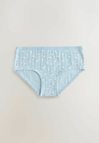 Gaiši zilas ribotas apakšbikses ar izšūtām baltām ziediņām, izgatavotas no mīksta auduma, ar elastīgu jostasvietu un klasisku īsiņu dizainu.