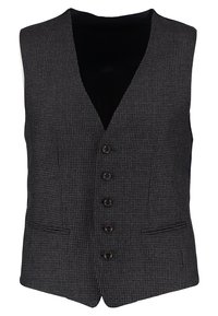 Dunkelgraue karierte Herrenweste mit fünf Knöpfen und zwei Fronttaschen, ärmellos und auf eine schlanke Passform zugeschnitten.