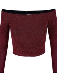 Burgundi, vállnélküli, croptop hosszú ujjal, textúrált, fénylő anyagból készült, egyenes szegéllyel és fekete nyakkivágással.