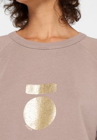 Sudadera de color rosa claro con un diseño redondo de lámina dorada agrietada y una franja horizontal. Presenta un cuello de canalé y mangas raglán.