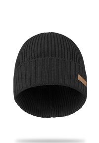 Black knit beanie with a ribbed texture and a fold-over cuff, featuring a small light brown logo patch on the side.