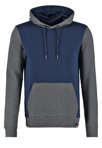 Marineblauwe en grijze hoodie met een voorzak in kangoeroestijl, een capuchon met trekkoord en lange mouwen, weergegeven op een witte achtergrond.