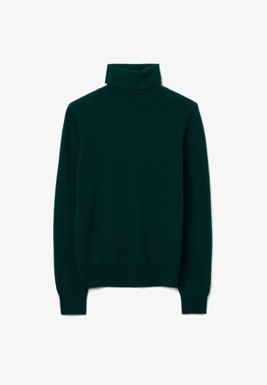 Pull turtleneck vert foncé en tricot doux, doté de manches longues et d'une coupe ajustée avec des accents côtelés au col et à l'ourlet.