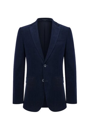 Granatowa marynarka z fakturowanej tkaniny, z wykładanym kołnierzem, dwoma guzikami oraz dwiema przednimi kieszeniami, o dopasowanym kroju.