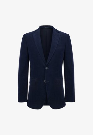 Granatowa marynarka z fakturowanej tkaniny, z wykładanym kołnierzem, dwoma guzikami oraz dwiema przednimi kieszeniami, o dopasowanym kroju.