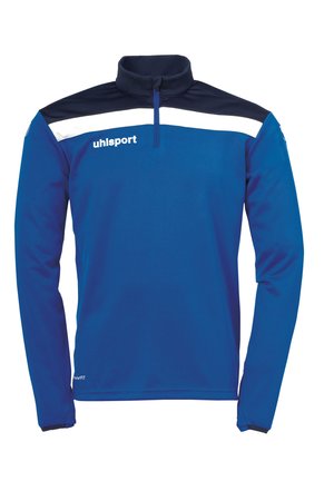 Blauwe lange mouwen sportpull met een ritskraag. Heeft marineblauwe en witte accenten op de schouders. Gemaakt van een zachte, rekbare stof.