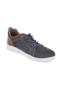 Herren Freizeit-Schnürschuh mit perforiertem dunkelgrauem Obermaterial, weißer Sohle und braunem Fersenakzent, seitliche Ansicht auf weißem Hintergrund.