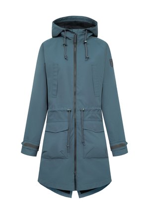 Parka imperméable teal avec capuche, fermeture éclair avant, cordons de serrage et deux poches latérales. Caractéristiques des poignets élastiques et un ourlet légèrement incurvé.
