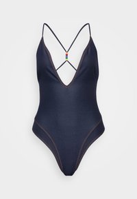 Maillot de bain une pièce bleu marine avec un décolleté en V profond, des bretelles croisées dans le dos et des détails de perles colorées. Présente des coutures contrastantes et une texture lisse.