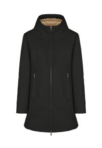 Cappotto invernale nero con cappuccio, foderato in fleece beige, con zip anteriore e tasche laterali con zip, vestibilità sartoriale.