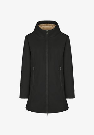 Cappotto invernale nero con cappuccio, foderato in fleece beige, con zip anteriore e tasche laterali con zip, vestibilità sartoriale.