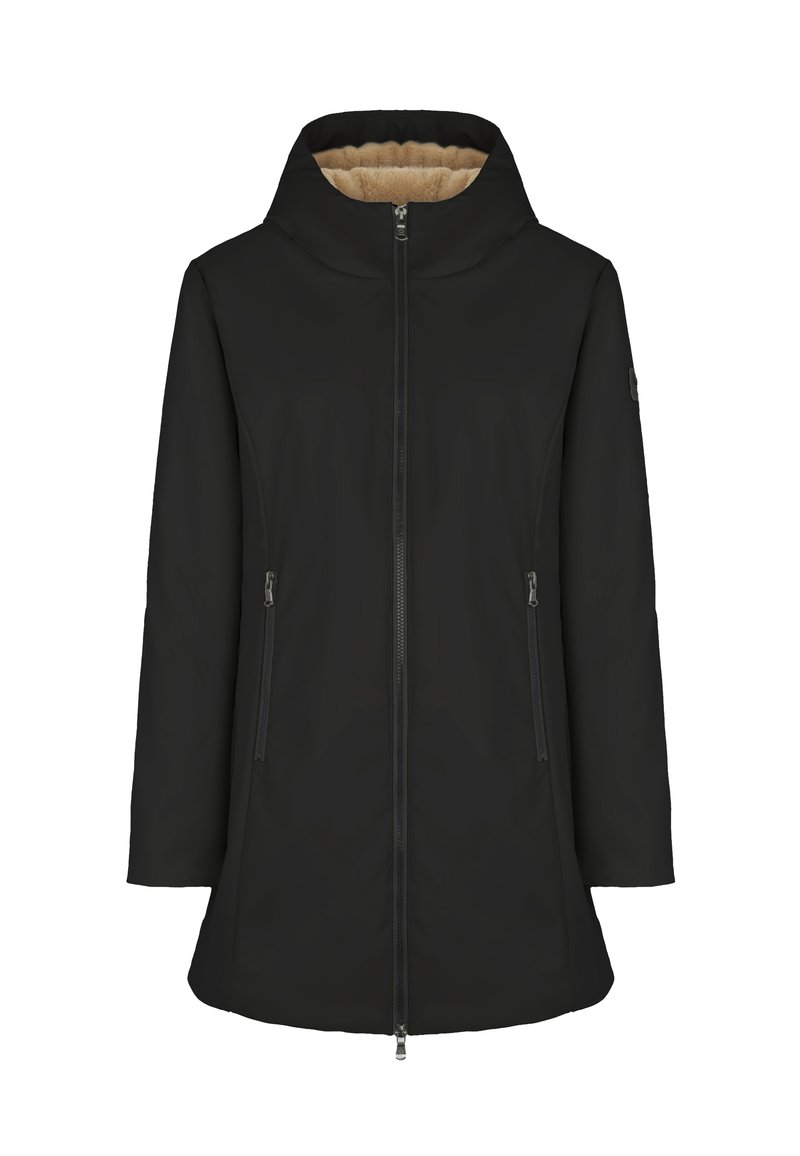 Cappotto invernale nero con cappuccio, foderato in fleece beige, con zip anteriore e tasche laterali con zip, vestibilità sartoriale.