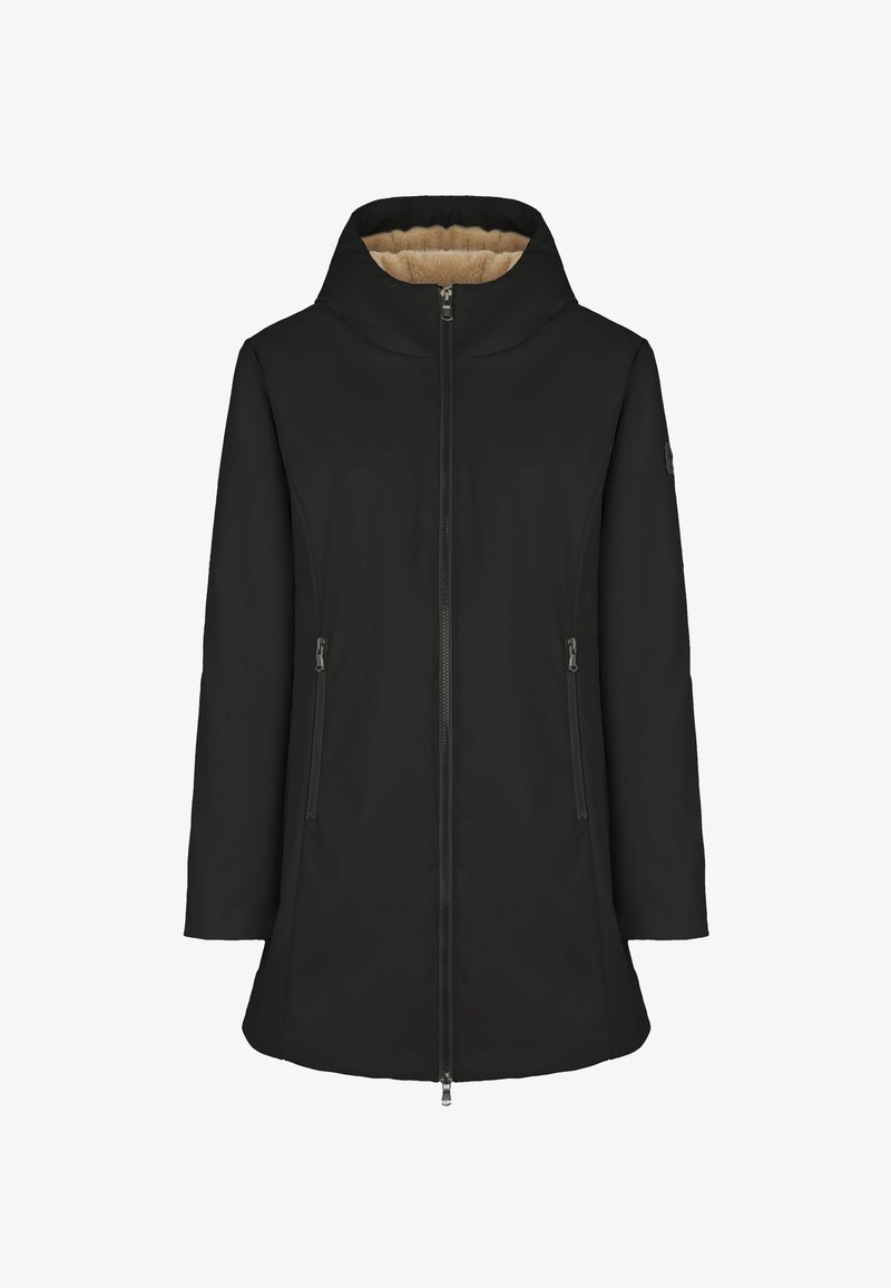 Zwarte winterjas met capuchon, tan fleece voering, rits aan de voorkant en rits zakken aan de zijkant, getailleerde pasvorm.