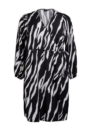 Robe portefeuille en imprimé zèbre noir et blanc, avec des manches longues, un lien à la taille et un tissu texturé. Design mi-long.
