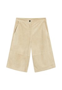 Beige corduroy culottes met een gladde textuur, wijde pijpen, vo pockets aan de voorkant en een knoopsluiting in de taille.
