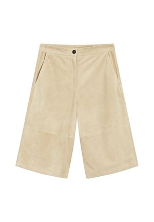 Beige corduroy culottes med en glat tekstur, brede ben, frontlommer og en knaplukning i taljen.