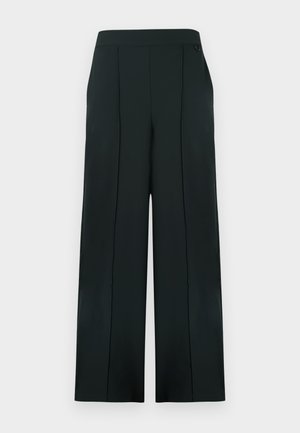 Juodos platėjantys išilgai kojų platūs kelnės iš lygaus audinio, su aukštu liemeniu, vertikaliomis klostėmis, be matomų užsegimų ar kišenių.