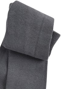 Harmaat neulotut tightsit, joissa on hieno ribbitekstuuri, taiteltuna siististi. Materiaali on pehmeää ja joustavaa, mikä tekee siitä sopivan mukavaan istuvuuteen ja käyttöön.