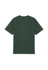 Σκούρο πράσινο T-shirt με κοντά μανίκια και στρογγυλή λαιμόκοψη. Ομαλή υφή υφάσματος, απ�λός σχεδιασμός, χωρίς εμφανή μοτίβα ή διακοσμητικά στοιχεία. Εμφανίζεται η πίσω όψη.