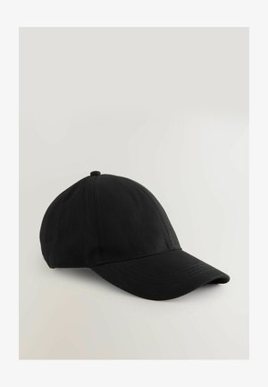 Sort baseball cap med en buet skygge, lavet af glat stof. Har et broderet design og en topknap som accent.