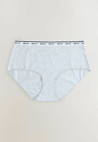 Hellgraue Baumwollslips mit breitem elastischem Bund, der das wiederholte „NEXT“-Logo in Schwarz auf weißem Hintergrund zeigt.