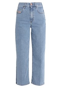 Světle modré džíny z denimu s vysokým pasem, širokým střihem, pěti kapsami a viditelnou značkovou etikou na boku. Bez vzorů, s hladkým povrchem.
