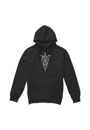 Black hoodie with a white intricate knot design centered on the chest, featuring a front pocket and drawstrings on the hood.