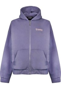Lilla tõmblukuhoodie, mis on valmistatud pehmest kangast, sisaldab taskut, ribaga mansette ja logo, mis on trükitud vasakule rinnale.