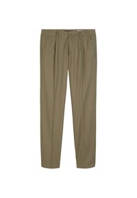 Olive green trousers with a straight cut, made from soft cotton blend fabric, featuring a button and zipper closure, and side pockets.