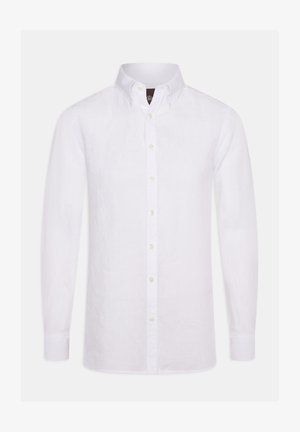 Witte linnen blouse met lange mouwen, voorzien van een button-down kraag, een knoopsluiting aan de voorkant en manchetten met één knoop. Glad oppervlak, klassieke pasvorm.