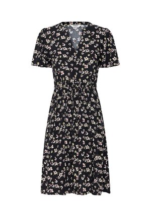 Svart knelengde kjole med korte ermer, V-hals, innsvingt midje og rosa og hvitt blomsterprint.