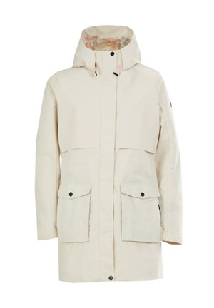 Beżowa kurtka przeciwdeszczowa z kapturem, dwoma przednimi kieszeniami, zapięciem na zatrzaski oraz wzorzystą podszewką. Ma prosty krój i gładką teksturę.