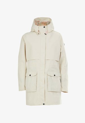 Beżowa kurtka przeciwdeszczowa z kapturem, dwoma przednimi kieszeniami, zapięciem na zatrzaski oraz wzorzystą podszewką. Ma prosty krój i gładką teksturę.