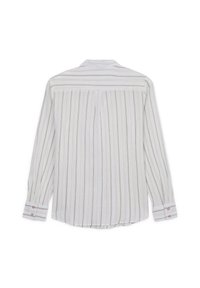 Long-sleeve shirt in light fabric with vertical cream and beige stripes, a buttoned collar, and cuffs with two buttons each.